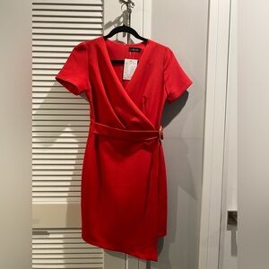 Red Buckle Detail Wrap Dress